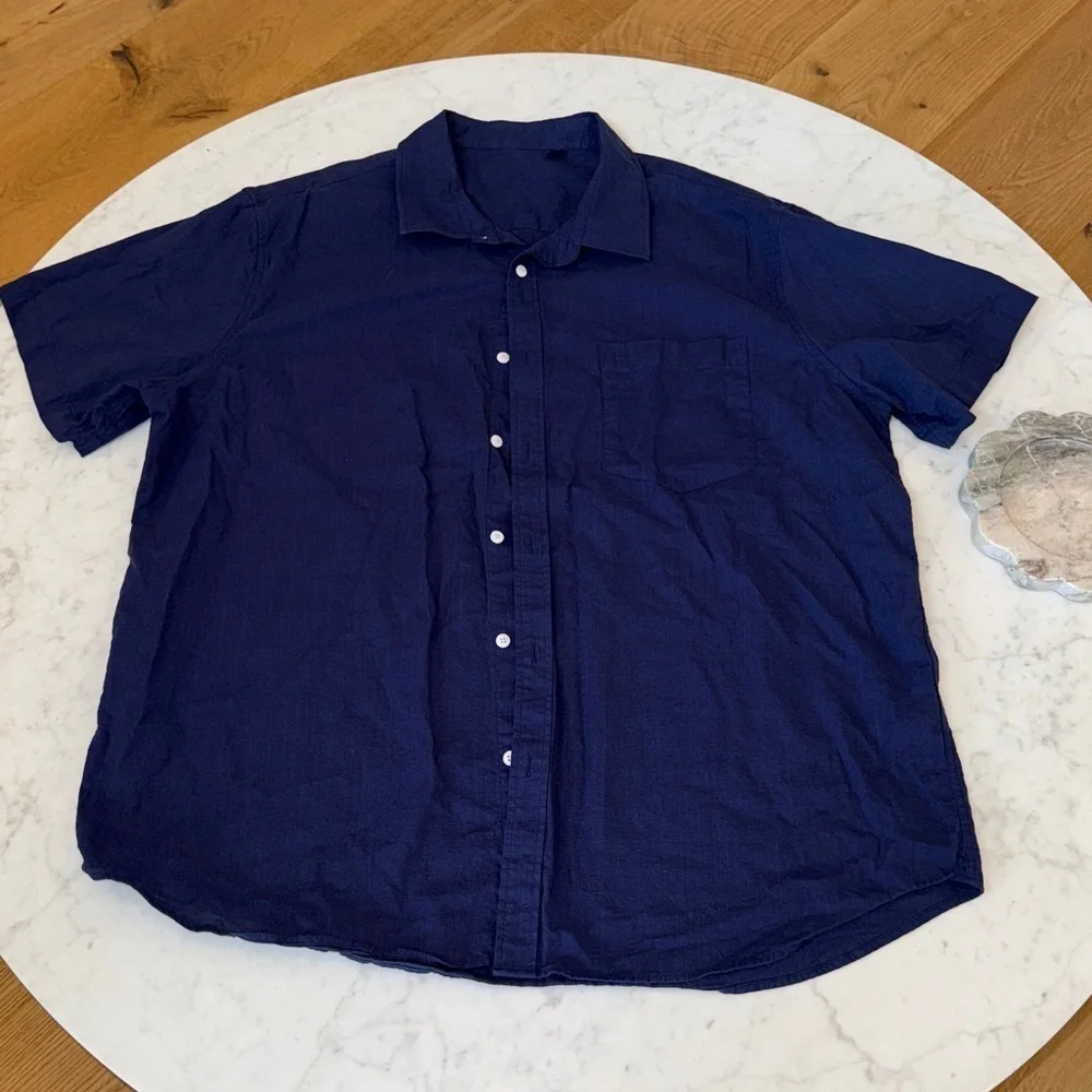 Mens XXL Blue Linen Short Sleeve Button Down Shirt Designed in Italy